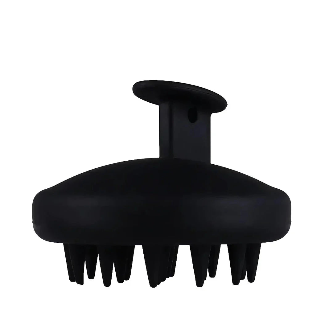 A green silicone scalp massager with soft bristles, designed to provide a soothing hair washing experience and promote healthy hair growth.