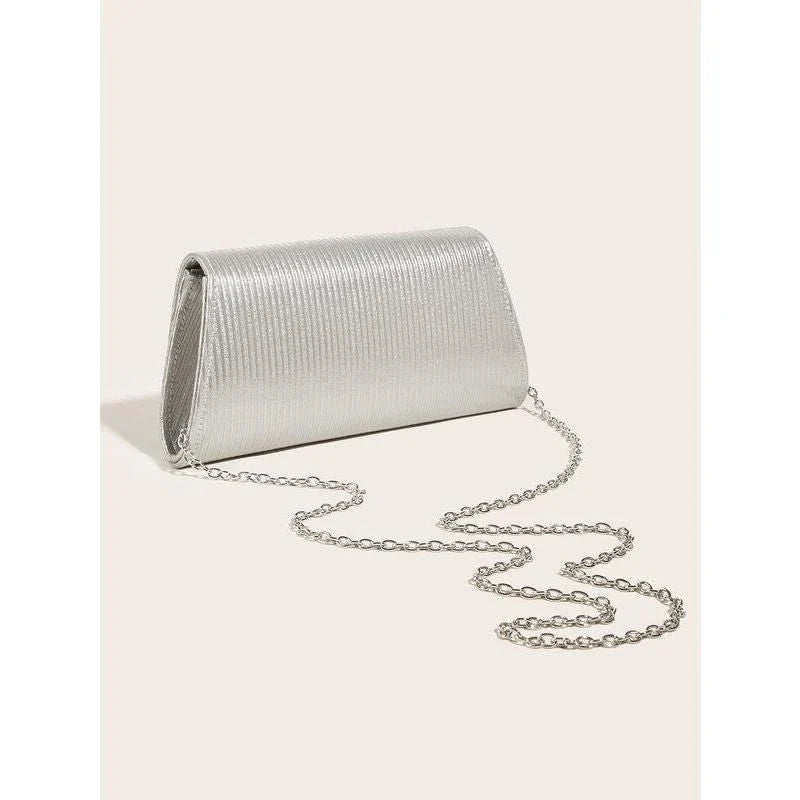 Elegant shiny striped PU leather evening clutch bag with long chain, perfect for formal events and everyday use