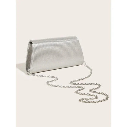 Elegant shiny striped PU leather evening clutch bag with long chain, perfect for formal events and everyday use