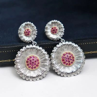 Long Small Daisy Stud Earrings in two-tone design for fashionable British women