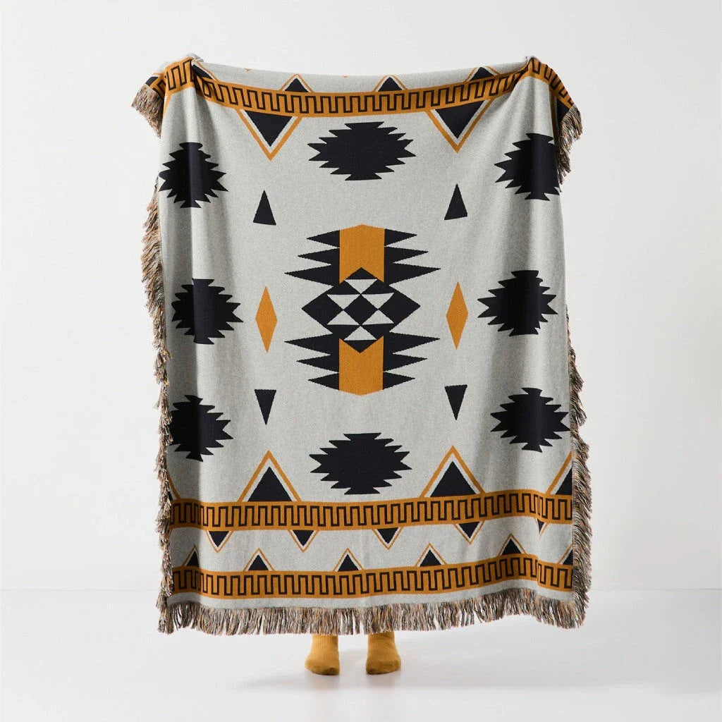 Elegant Bohemian Geometric Pattern Blanket made from premium cotton with luxurious fringes, available in various colours