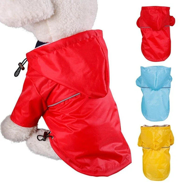 Waterproof reflective hooded raincoat for small and large dogs and cats, available in various sizes and colours