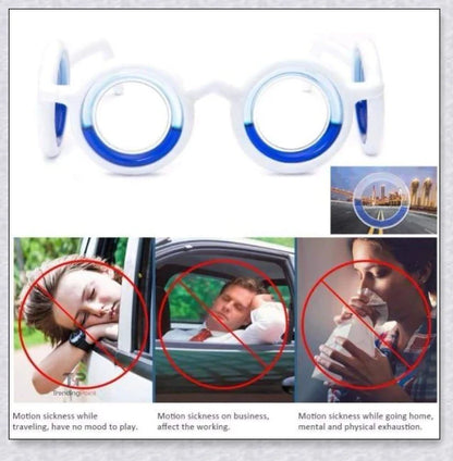 Anti-Motion Sickness Glasses with Boarding Ring technology for relief from nausea, dizziness, and vertigo during travel by car, boat, or plane