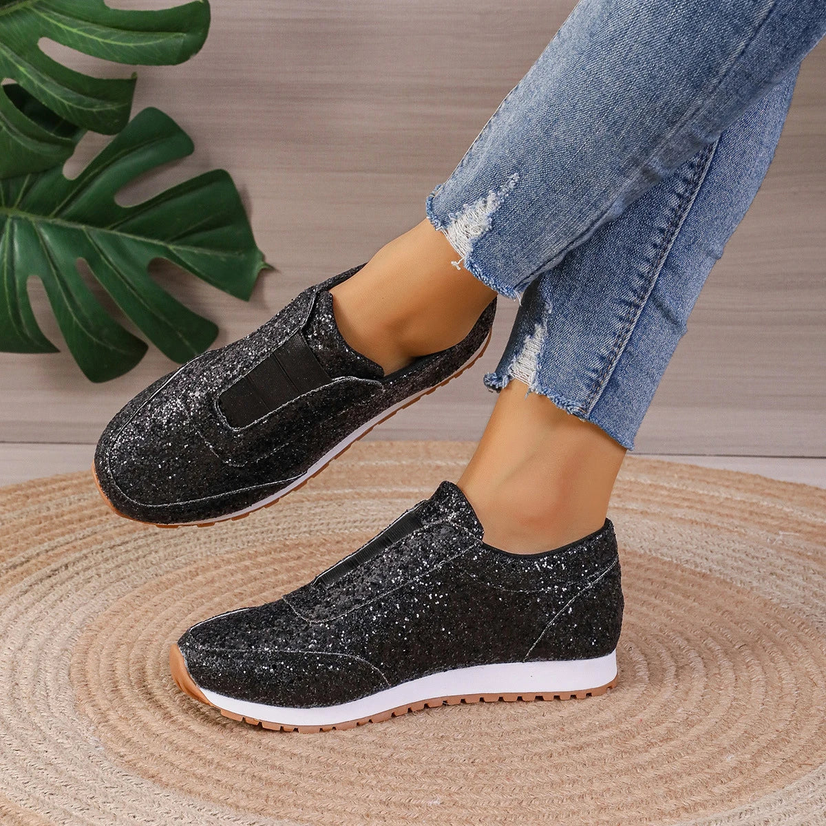 Premium sequinned flats with round toe and slip-on design, perfect for casual wear and special occasions.