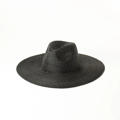 Premium outdoor sun protection straw hat in black, brown, and pinkish colours with a large brim and tie-dye pattern