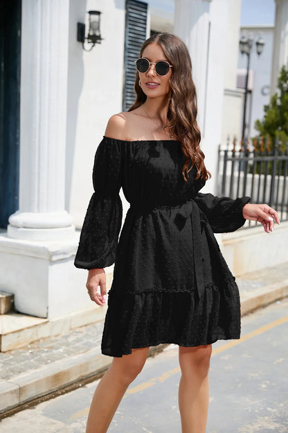 Stylish one-shoulder chiffon dress with ruffled bubble dot design, available in various sizes and blue colour