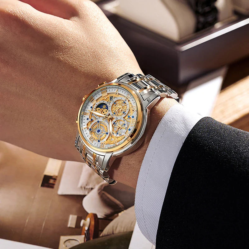 Elegant quartz watch with moonphase display, calendar function, and luminous hands for enhanced visibility