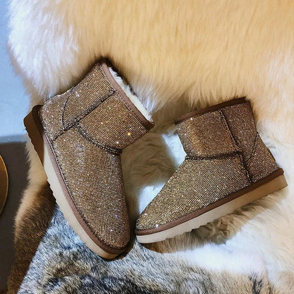 Premium rhinestone-embellished ankle boots for women, featuring a shimmering upper and durable rubber sole for winter wear
