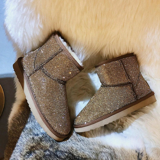 Premium rhinestone-embellished ankle boots for women, featuring a shimmering upper and durable rubber sole for winter wear