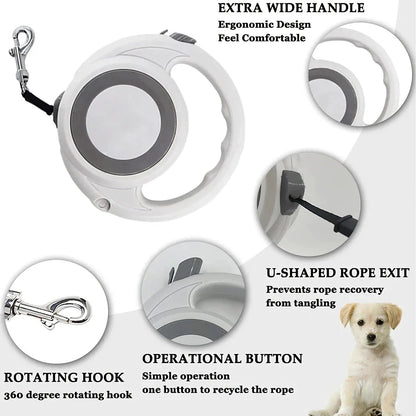 Premium 5m retractable dog leash with anti-slip handle and one-handed brake for small to medium dogs