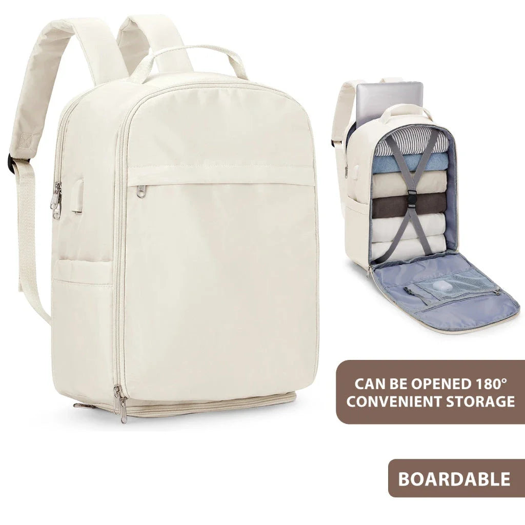 Premium airline-approved travel backpack in purple, featuring waterproof nylon construction, multiple compartments, and comfortable design