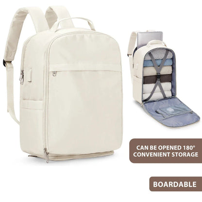 Premium airline-approved travel backpack in purple, featuring waterproof nylon construction, multiple compartments, and comfortable design