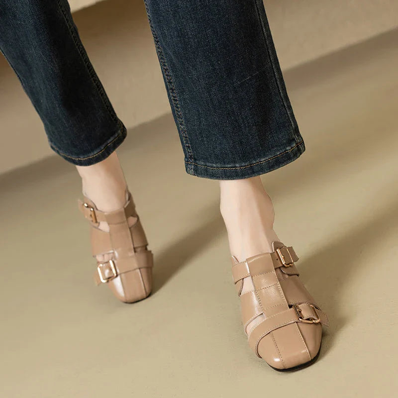 Exquisite embroidered leather high heel slippers in khaki colour, showcasing intricate detailing and a stable square heel design for stylish summer wear