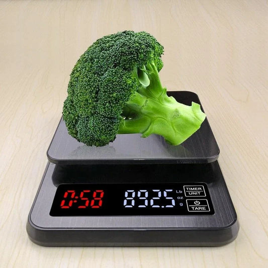 Premium digital coffee scale with LCD display, timer, and stainless steel platform for precise brewing control