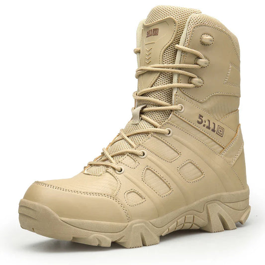 Rugged microfibre leather tactical boots with rubber soles, designed for outdoor adventures and self-defence training