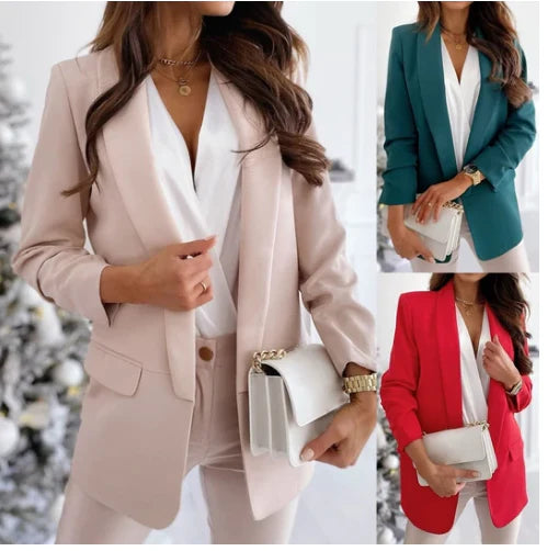 A stylish long sleeve double-breasted printed suit in various colours, including khaki, dark green, wine red, and brown.