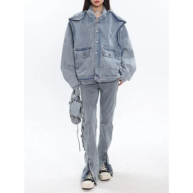 A stylish patchwork denim jacket with a relaxed fit, made from a blend of polyester and cotton for comfort and durability.