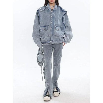 A stylish patchwork denim jacket with a relaxed fit, made from a blend of polyester and cotton for comfort and durability.
