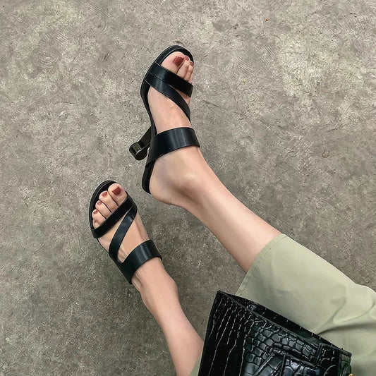 Genuine leather high heel slides with a unique and distinctive design, perfect for summer fashion and comfort.
