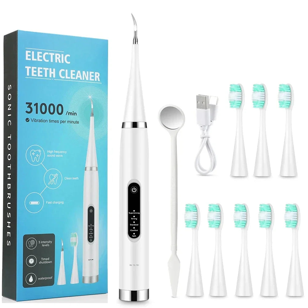 The Powerful Electric Sonic Dental Scaler & Toothbrush with 8 interchangeable brush heads for deep cleaning and whitening your teeth