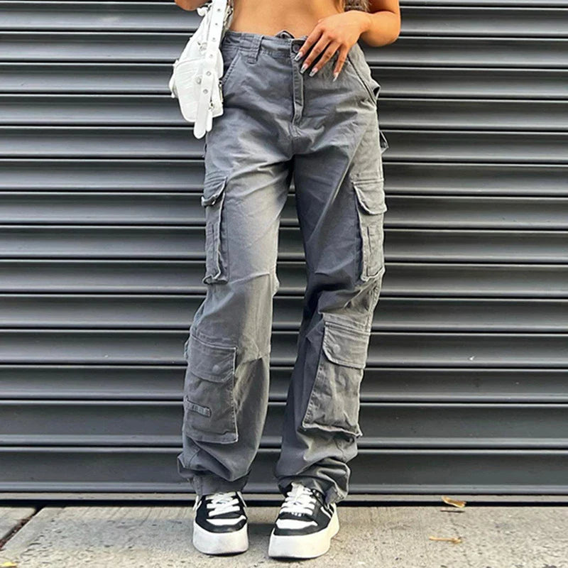 Premium quality grey straight loose jeans with multi-pockets for women, made from comfortable cotton denim fabric