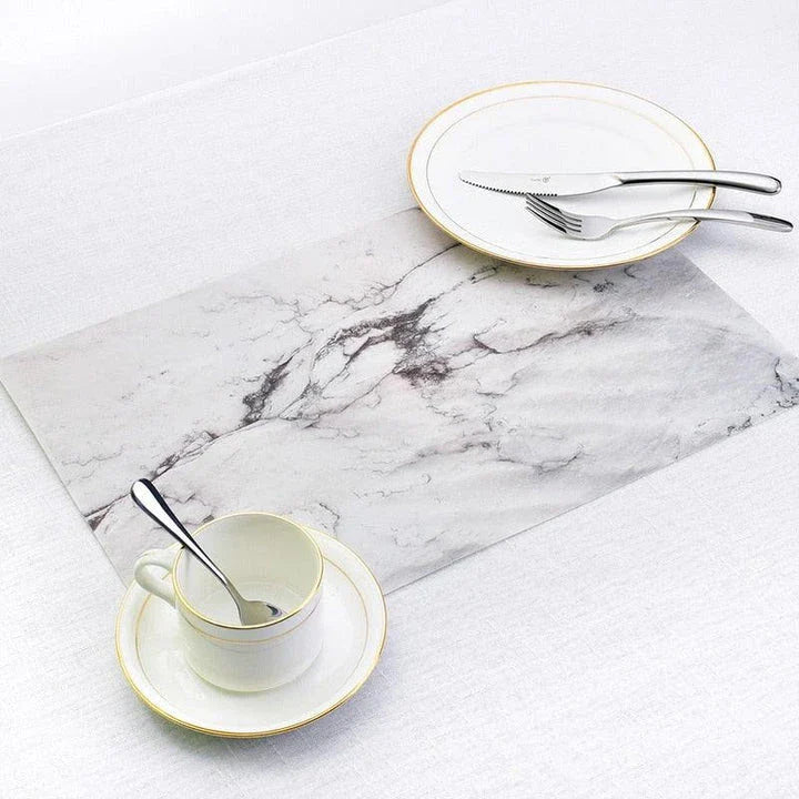 Marble pattern placemats in black and white color, made of durable PVC material to protect your dining table