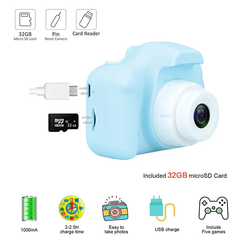 A pink kids' digital video camera with a 2.0-inch TFT screen and simple controls, designed for capturing high-resolution photos and videos
