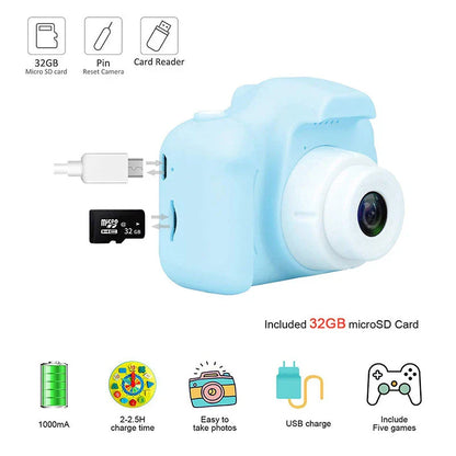 A pink kids' digital video camera with a 2.0-inch TFT screen and simple controls, designed for capturing high-resolution photos and videos