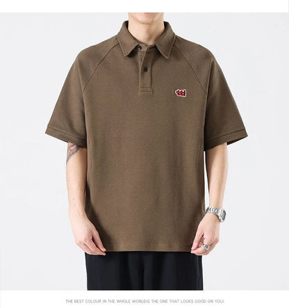 Retro Short Sleeve Men's T-shirt with Embroidered Design in Dark Brown, White, and Grey Colours