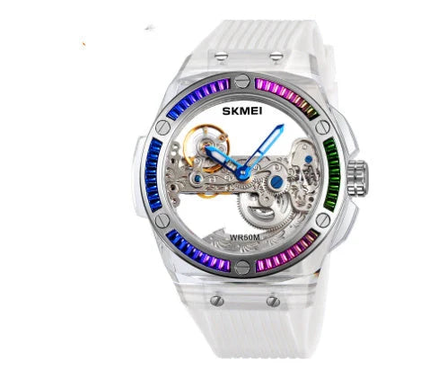 Sophisticated mechanical automatic wrist watch with hollow movement, showcasing intricate British design and craftsmanship