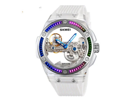 Sophisticated mechanical automatic wrist watch with hollow movement, showcasing intricate British design and craftsmanship