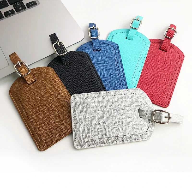 Premium PU leather luggage tag with secure strap and compact design for modern travellers