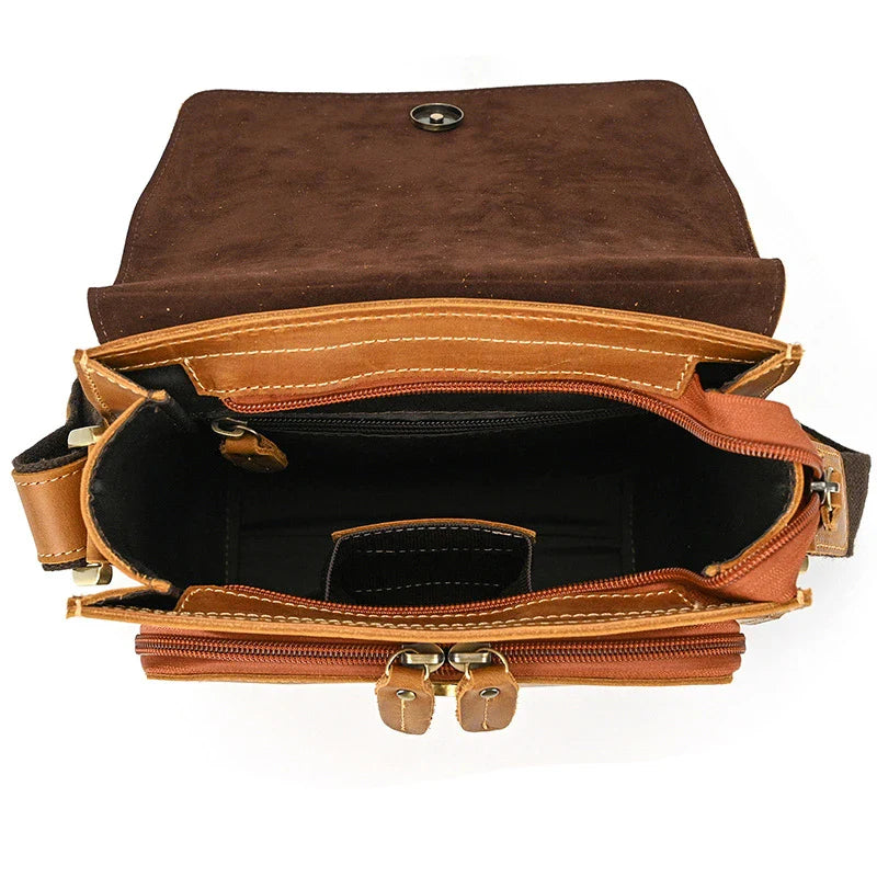 Premium leather crossbody bag with flap closure, vertical square shape, and multiple interior compartments