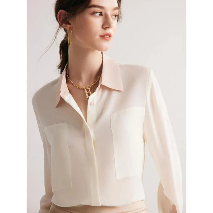 Refined Mulberry Silk Crepe de Chine Blouse in White, Ivory, Navy, and Black colours, featuring elegant patchwork design and turn-down collar for versatile office and casual wear.
