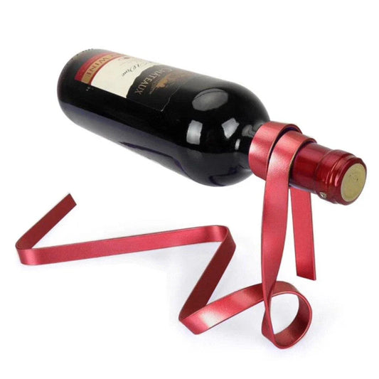 Floating wine bottle holder with sophisticated ribbon-like design, creating a mesmerising illusion of weightlessness