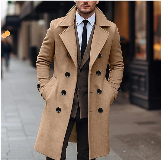 Premium double-breasted woollen men's coat in dark grey, perfect for British winters