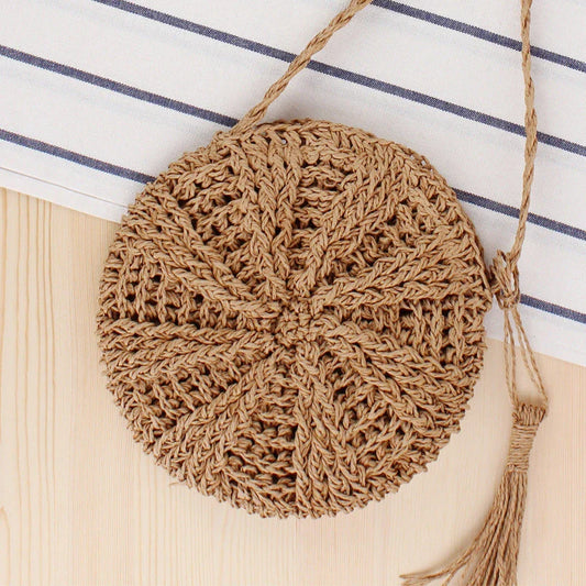 Bohemian Rattan Round Crossbody Bag in Beige Colour with Playful Tassel Accent