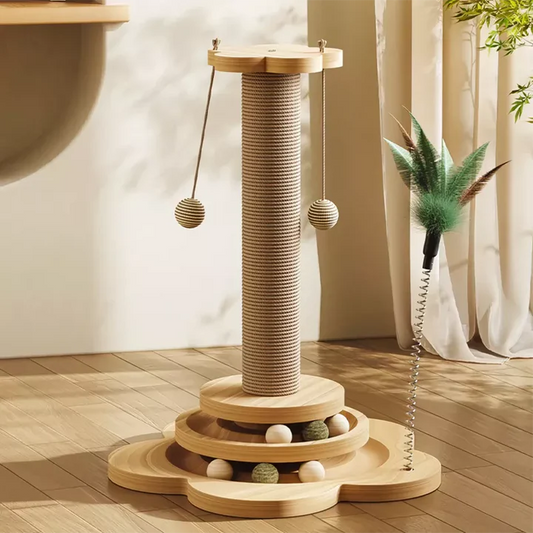 Premium pine wood cat scratcher tower with interactive turntable balls for feline playtime and activity