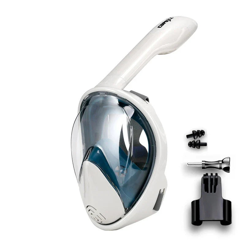 Premium full face anti-fog snorkel mask with wide 180-degree viewing and adjustable camera mount