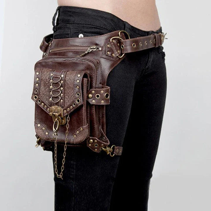 Stylish mini crossbody bag in brown colour with punk-rock inspired design, perfect for hands-free urban adventures