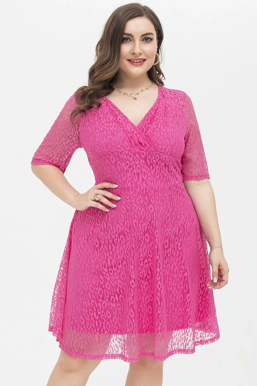 Elegant V-neck lace dress with tailored waist in rose red colour