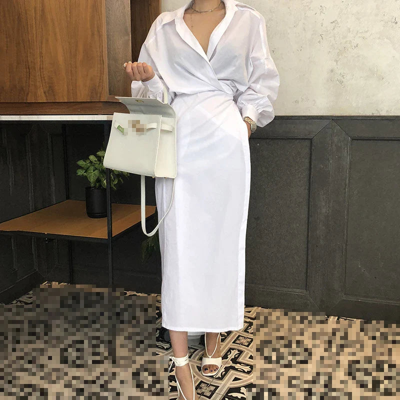 Pure Color Temperament Shirt Dress with high waist and lantern sleeves, perfect for elegant office commuting