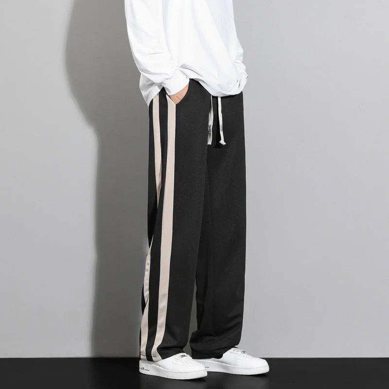 Comfortable striped straight-leg casual trousers in various colours and sizes