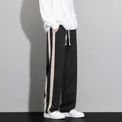 Comfortable striped straight-leg casual trousers in various colours and sizes