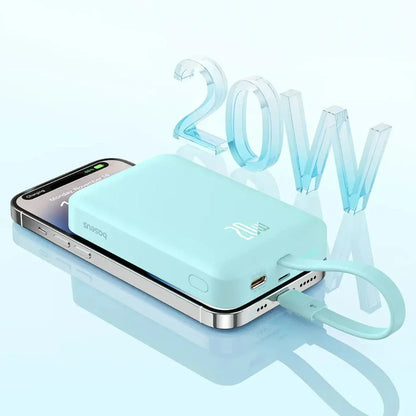 High-capacity magnetic power bank with wireless fast charging and built-in cables, providing 10,000mAh of reliable power for mobile devices.