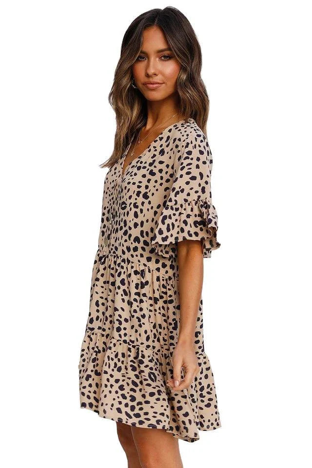 Fashionable leopard print dress with flounce detailing, made of soft and breathable cotton fabric.