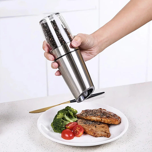 Premium electric automatic salt and pepper mill with adjustable coarseness, battery-operated, and LED light for precise seasoning