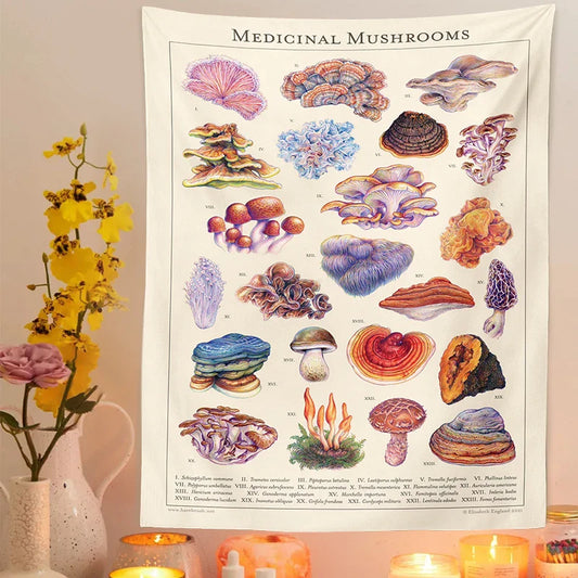 Mushroom Tapestry Wall Hanging with Botanical Print and Floral Illustrations