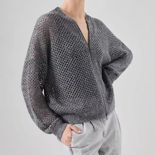 Elegant sequin-embellished linen blend knit top with O-neck collar and long sleeves