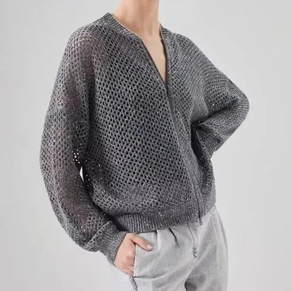 Elegant sequin-embellished linen blend knit top with O-neck collar and long sleeves